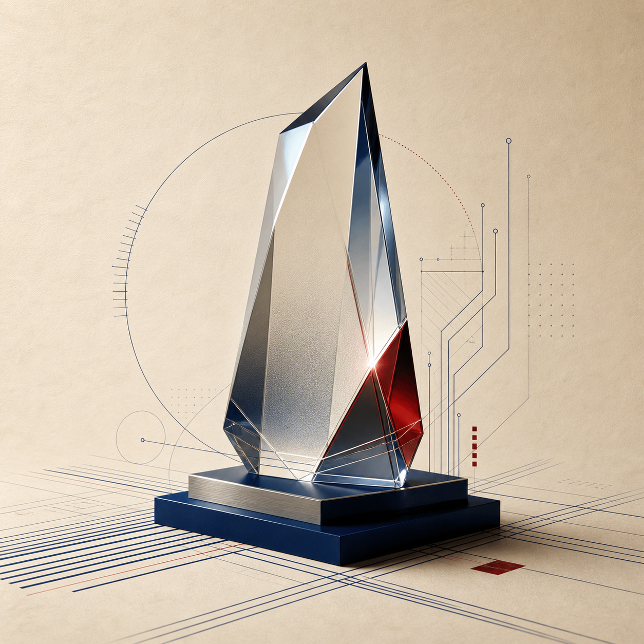 Abstract glass award form with institutional technical linework