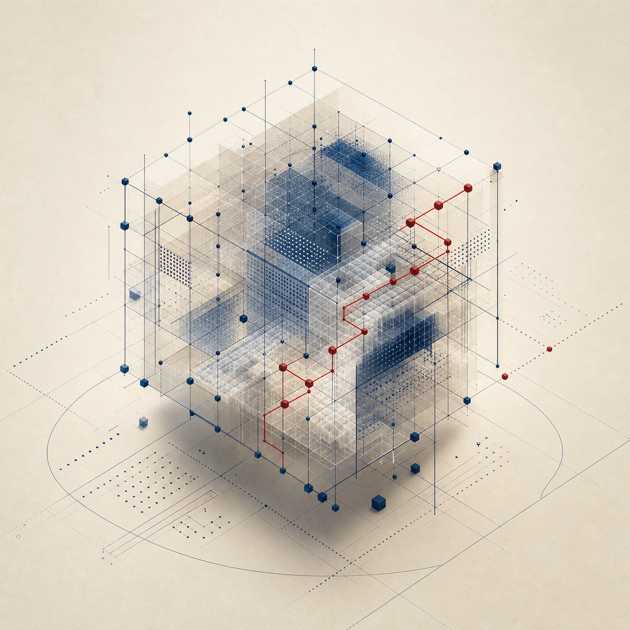 Abstract data cube with navy grid nodes and a brick-red analysis path