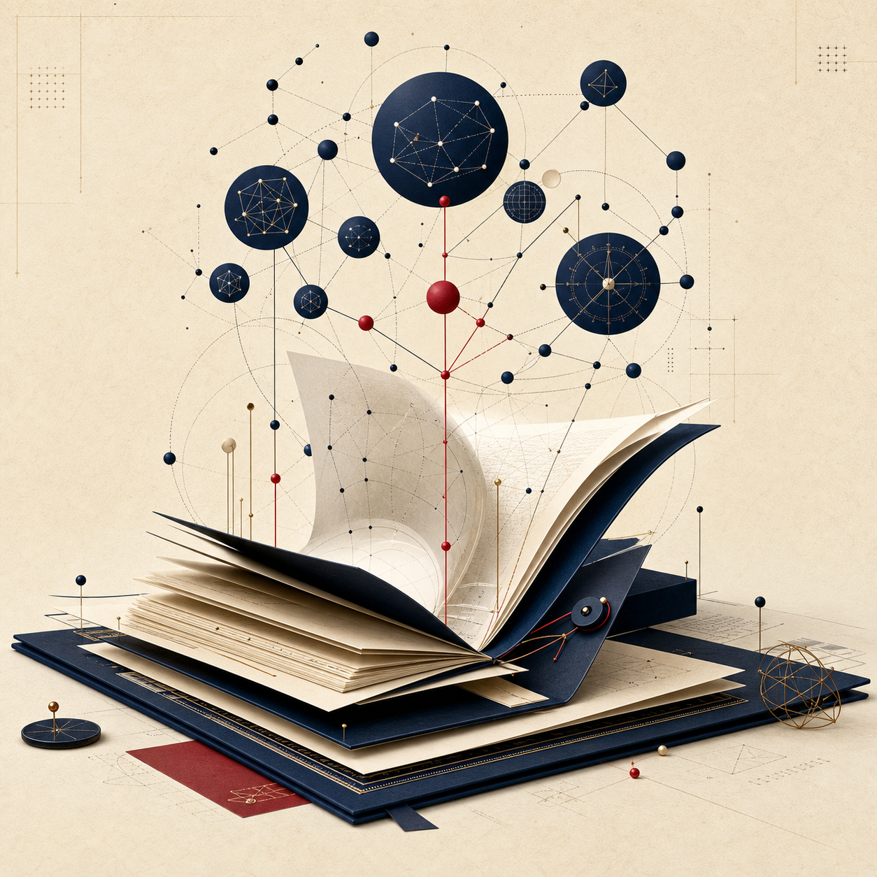 Abstract research folio unfolding into a constellation of knowledge nodes
